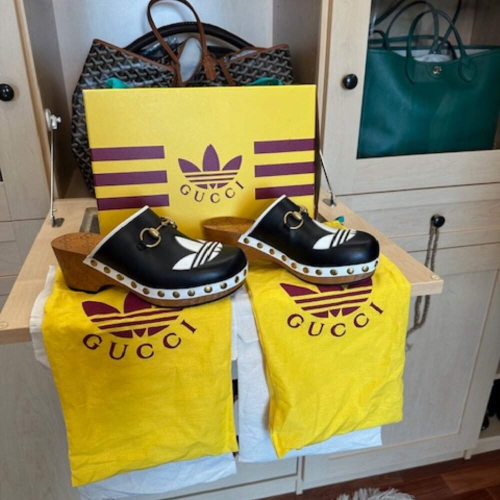 Gucci x Adidas Horse-bit Accent Size 37 Calfskin Clogs/Mules - Picture 1 of 8